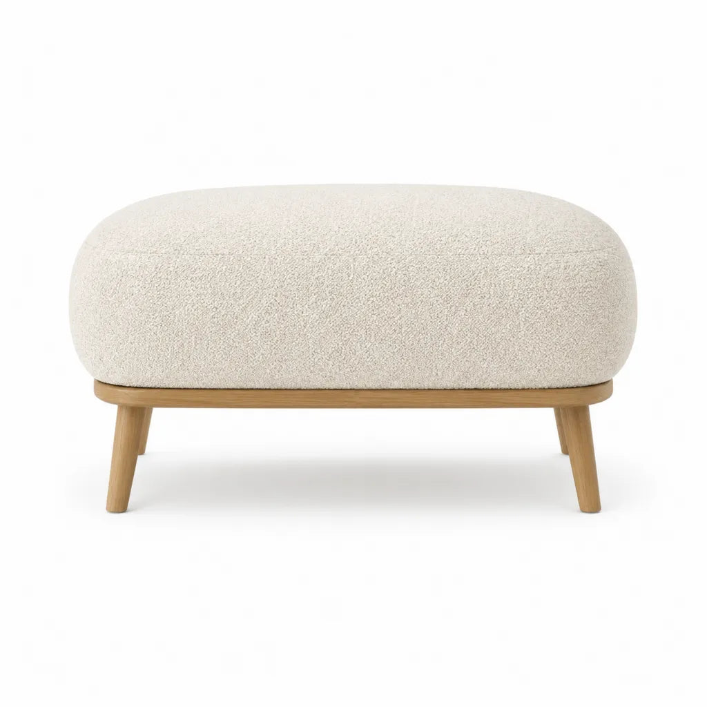 Repose-pieds rectangulaire en bouclette polyester ecru avec pieds en hevea massif 100 x 45 x 45 cm