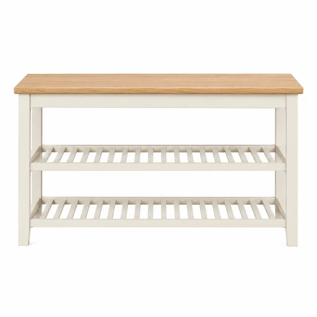 Banc range-chaussures rectangulaire a 2 etageres en bois massif blanc et naturel 100 x 30 x 50 cm