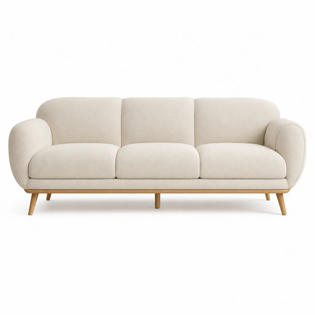 Canape 3 places 210 x 90 x 82 cm en polyester creme avec pieds en hevea massif