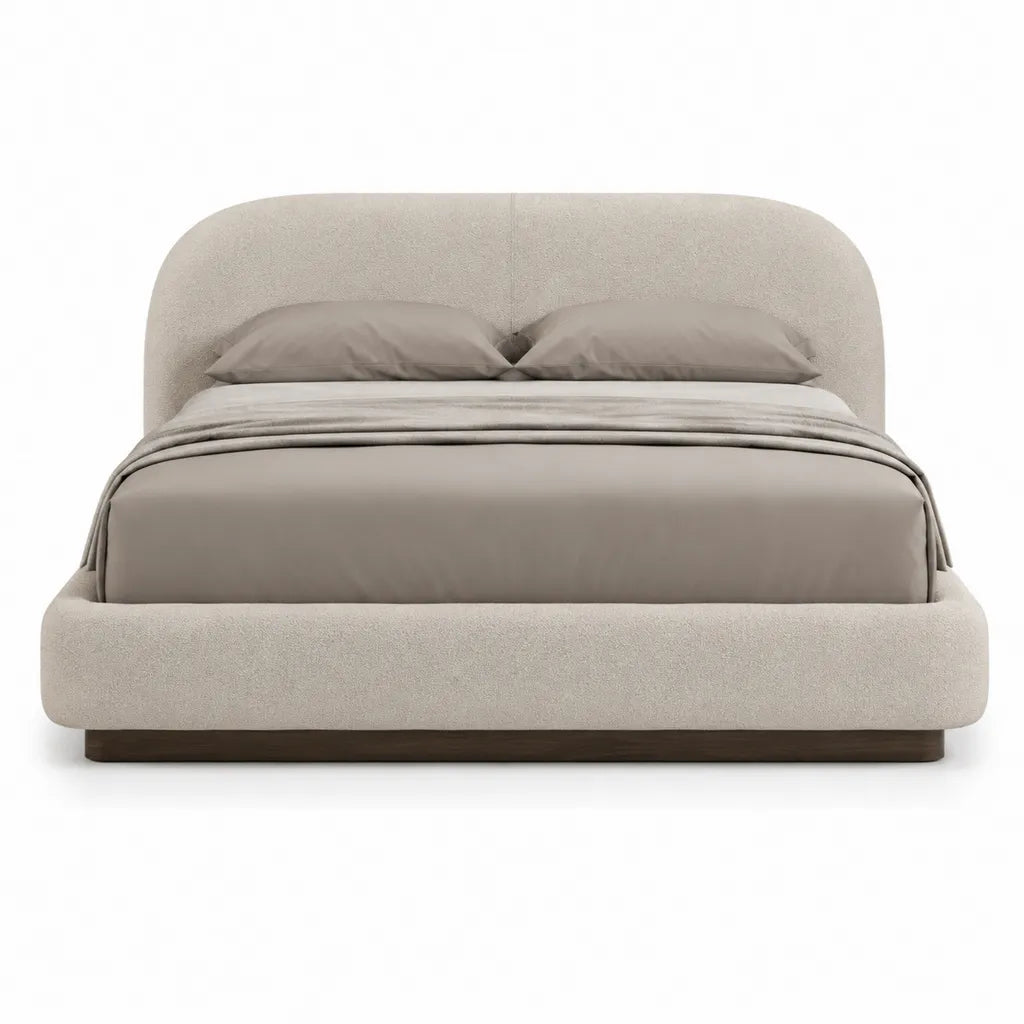Lit coffre 160 x 200 cm en polyester boucle beige avec tete de lit arrondie