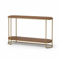 Console d'entree a 2 niveaux en MDF plaque noyer et acier dore forme ovale 120 x 35 x 80 cm