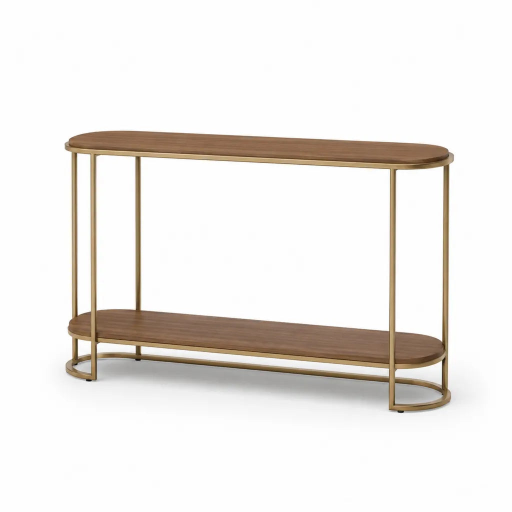 Console d'entree a 2 niveaux en MDF plaque noyer et acier dore forme ovale 120 x 35 x 80 cm