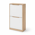 Meuble a chaussures a 2 abattants rectangulaire en panneaux de particules blanc et chene clair 60 x 24 x 100 cm
