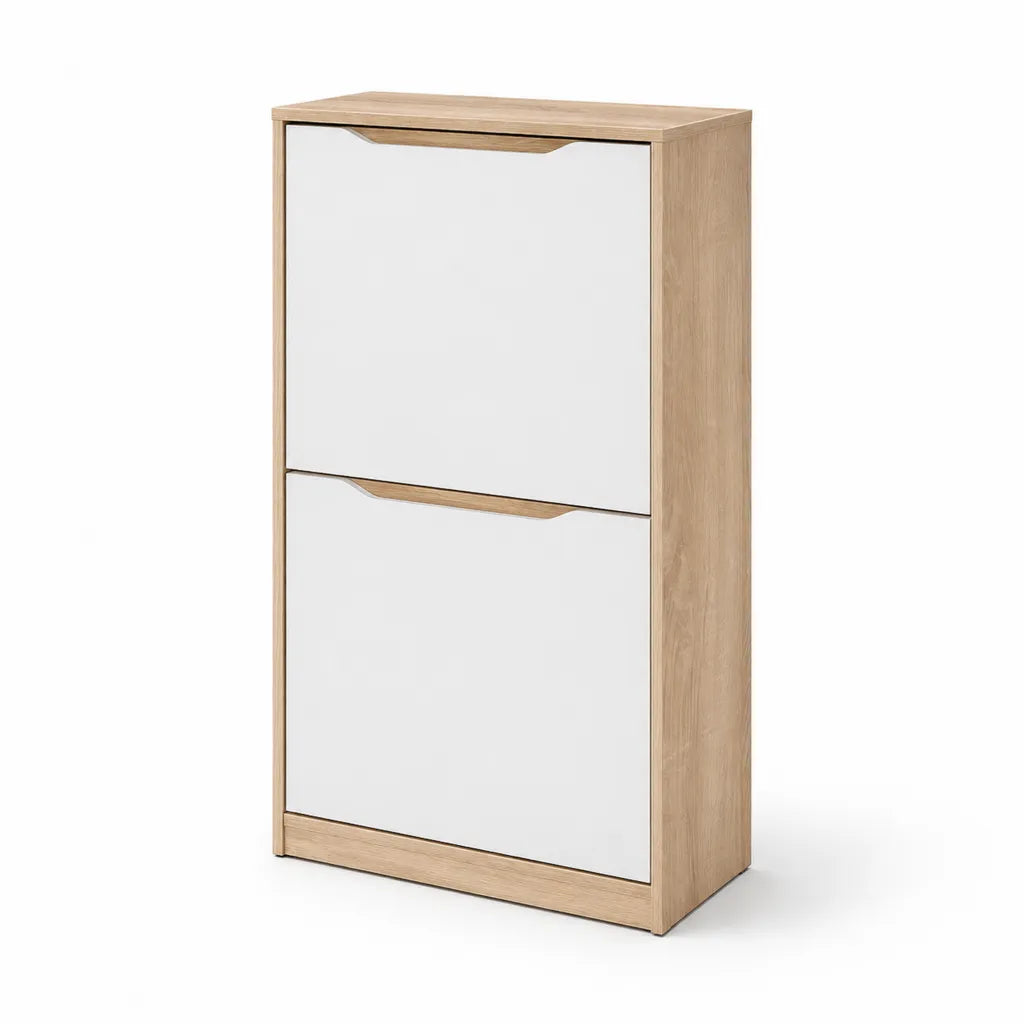 Meuble a chaussures a 2 abattants rectangulaire en panneaux de particules blanc et chene clair 60 x 24 x 100 cm