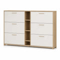 Meuble a chaussures rectangulaire 6 abattants et 4 niches en panneaux de particules blanc et decor chene 140 x 24 x 90 cm
