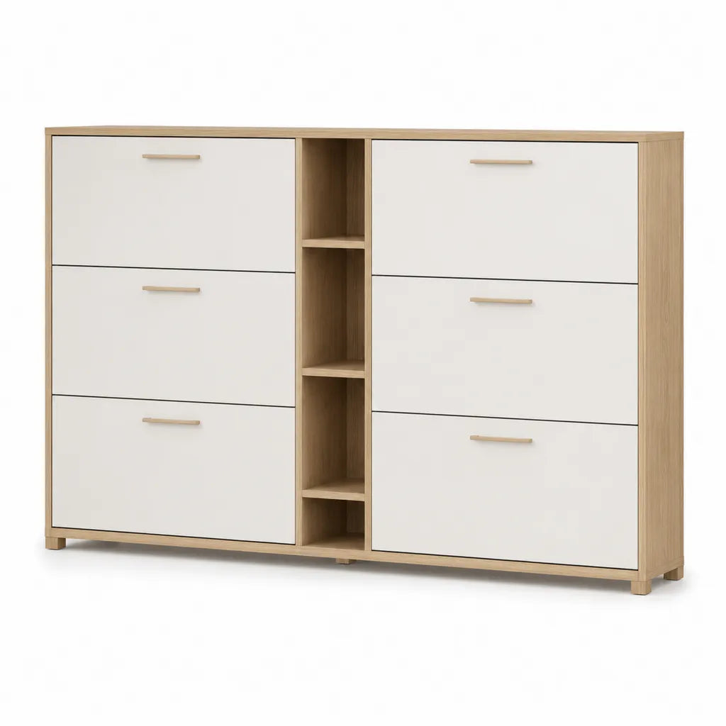 Meuble a chaussures rectangulaire 6 abattants et 4 niches en panneaux de particules blanc et decor chene 140 x 24 x 90 cm