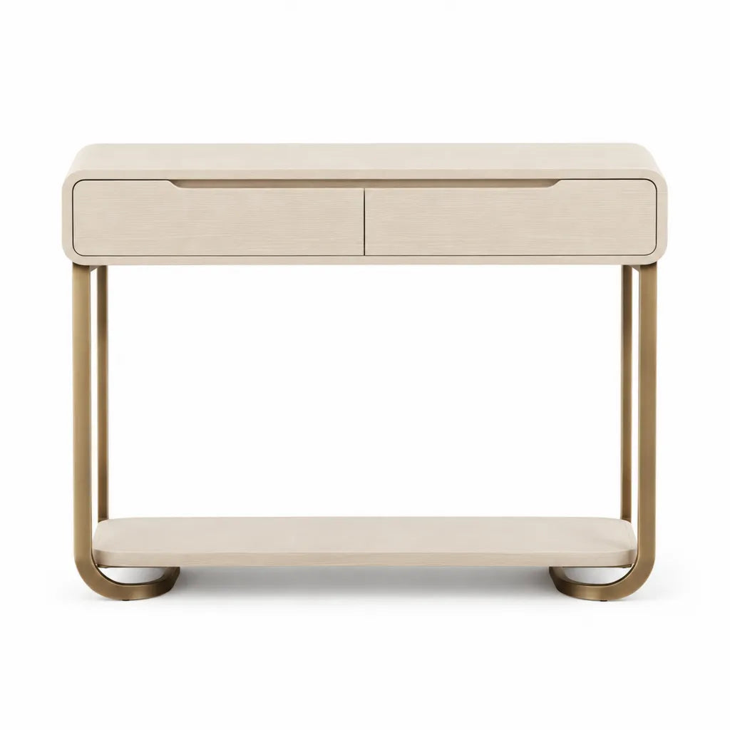 Console d'entree rectangulaire 100 x 35 x 80 cm en MDF plaque chene beige avec structure en acier dore et 2 tiroirs