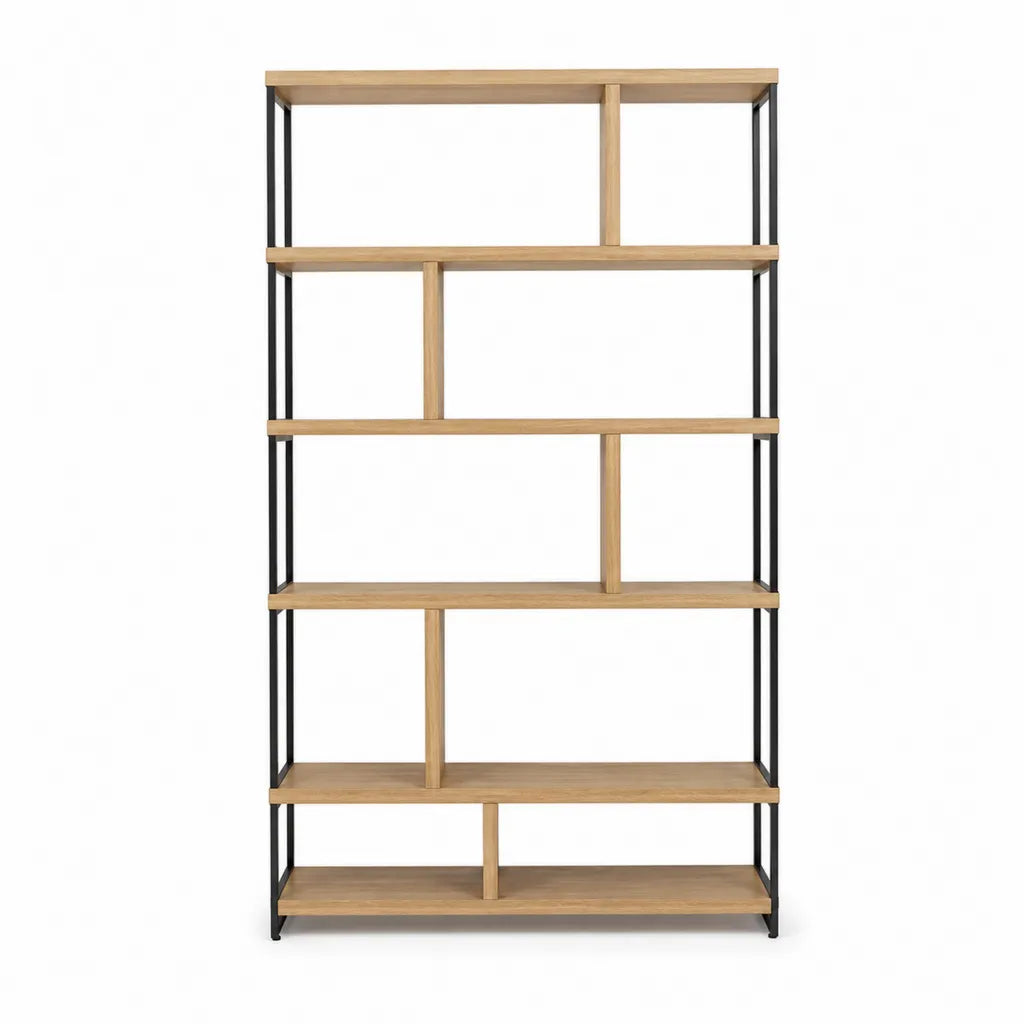 Etagere de rangement sur pied 90 x 30 x 180 cm en acier et MDF plaque chene rectangulaire naturel noir