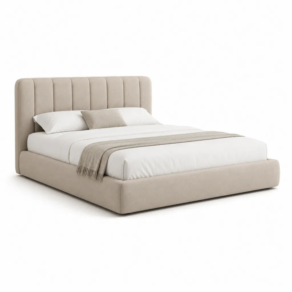 Lit coffre 160 x 200 cm rectangulaire en polyester beige avec tete de lit capitonnee