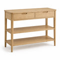 Console d'entree avec rangement 2 tiroirs 2 etageres en chene massif rectangulaire naturel 120 x 35 x 80 cm