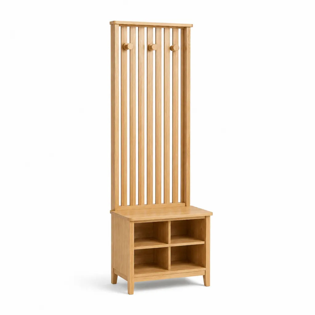 Meuble d'entree porte-manteaux rectangulaire en bambou naturel avec 3 crochets et 4 compartiments 70 x 30 x 180 cm