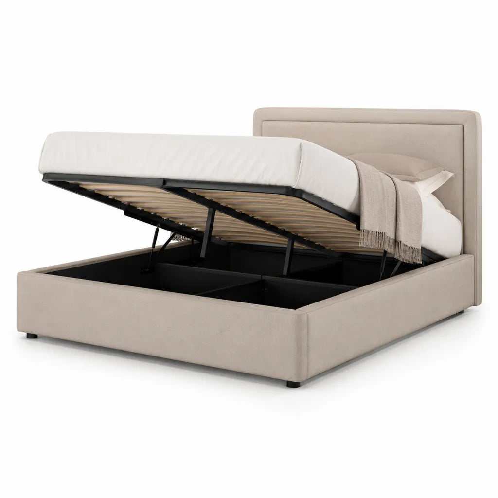 Lit coffre 160 x 200 cm en polyester beige avec sommier a lattes et tete de lit rectangulaire