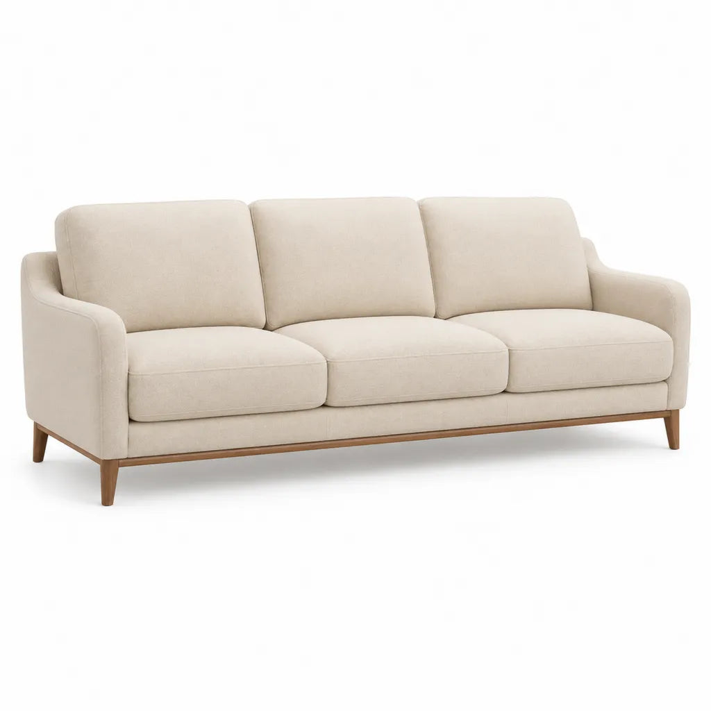 Canape droit 3 places en polyester creme pieds en hevea massif 210 x 90 x 85 cm