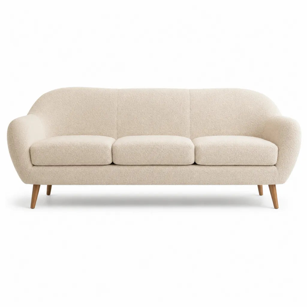 Canape 3 places arrondi en polyester bouclette ecru 210 x 85 x 80 cm