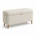 Banc coffre repose-pieds rectangulaire 100 x 40 x 45 cm en polyester ivoire avec pieds en hevea