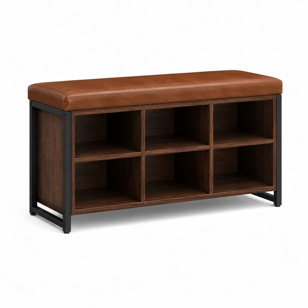Banc a chaussures 6 compartiments en MDF melamine et acier avec assise en PU marron et noir 100 x 35 x 50 cm